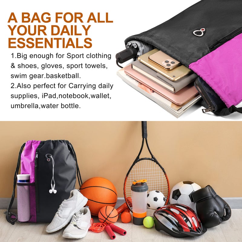 BeeGreen Sports Bag Drawstring Backpack With Water Bottle Pocket &Front Zippered Pocket Large String Bag Pack For Men Women - Image 3